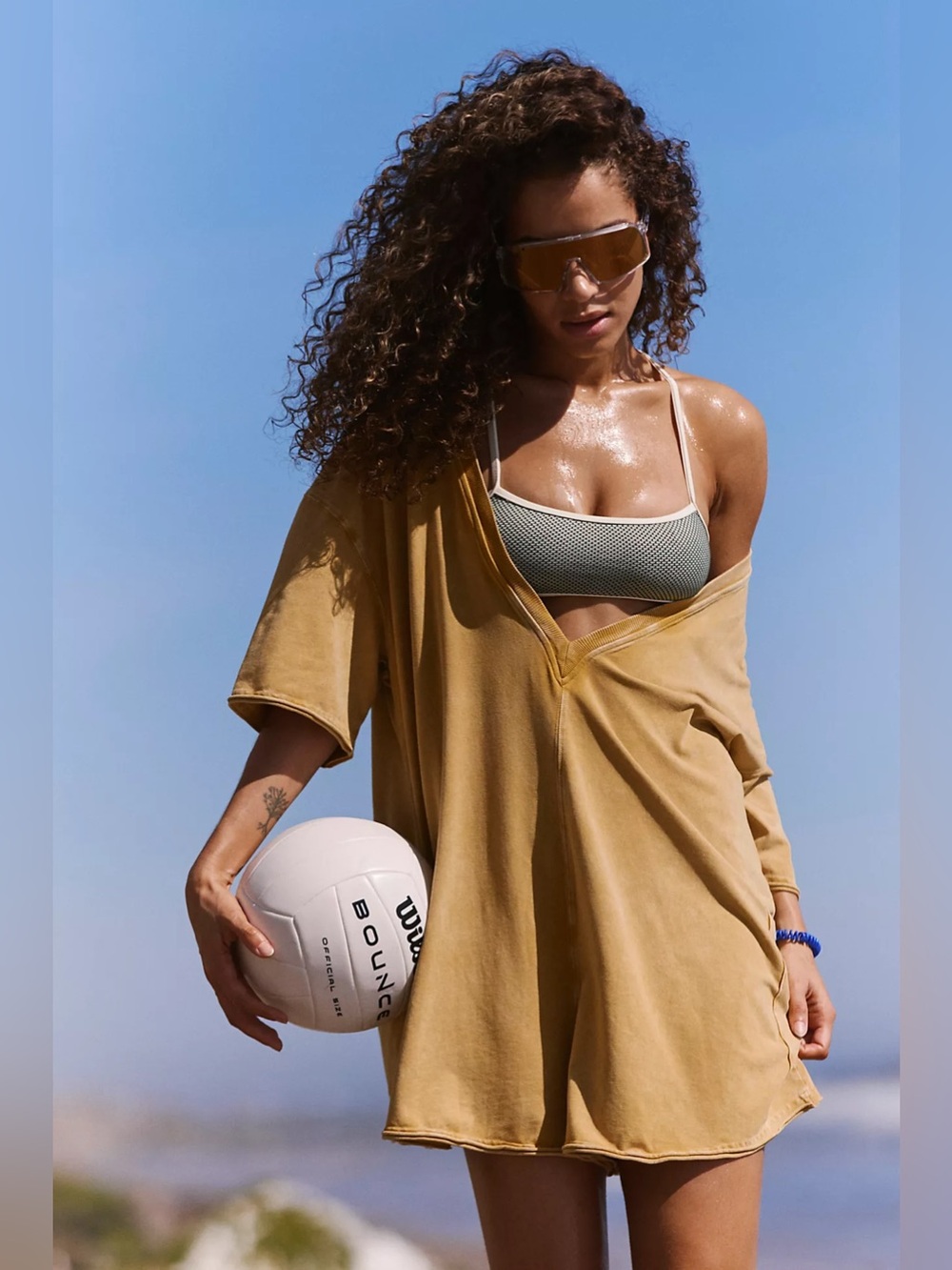 NEW Free People Movement Hot Shot Tee Romper Onesie Tan Dried Palm L
